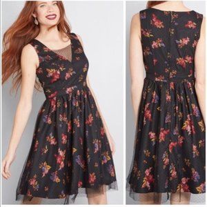 Modcloth Black Floral Net Dress Zip Back Mesh